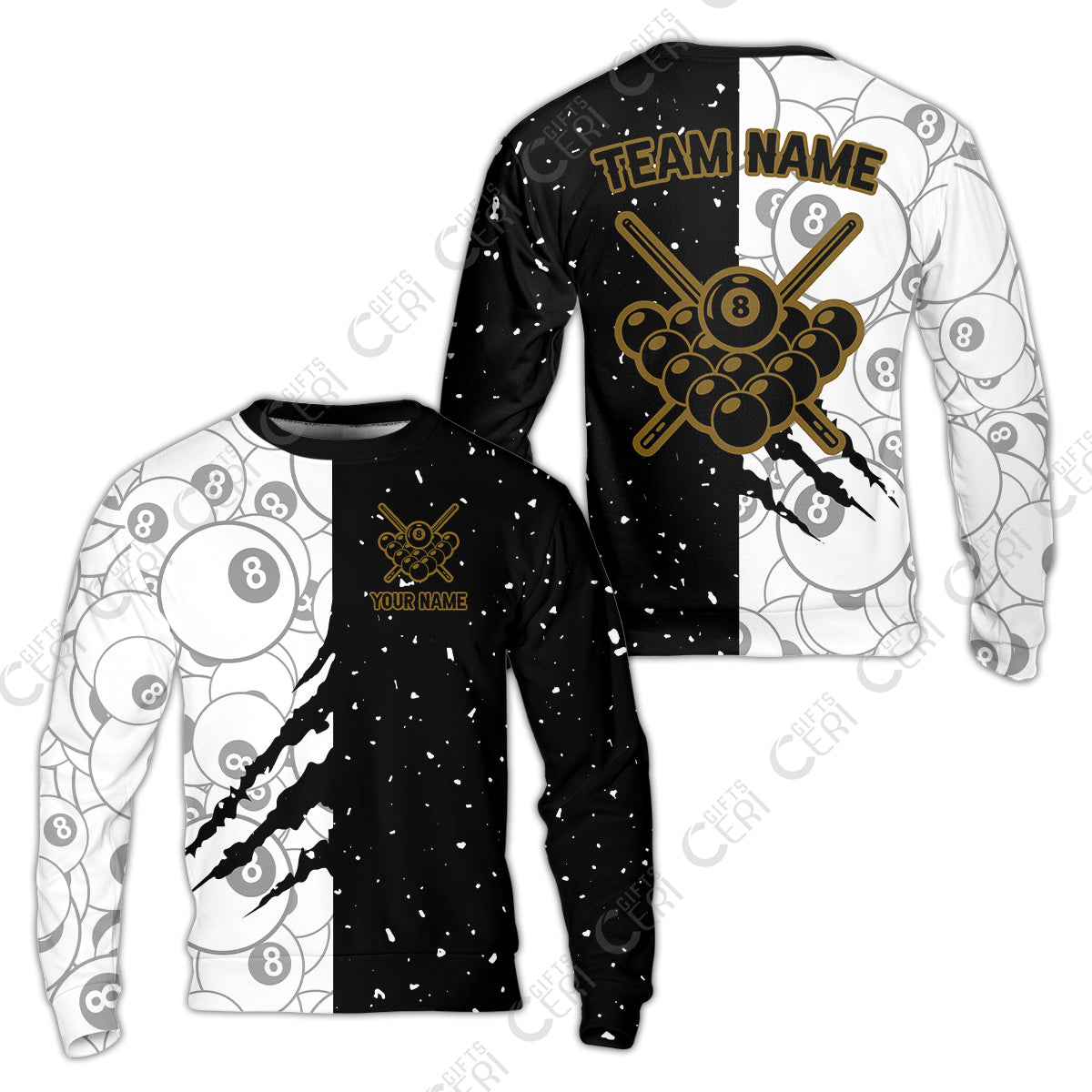 Customized Billiards Sweatshirt, Triangle Rack Of Balls With Crossed Cue Sticks 8 Ball Pool Jersey