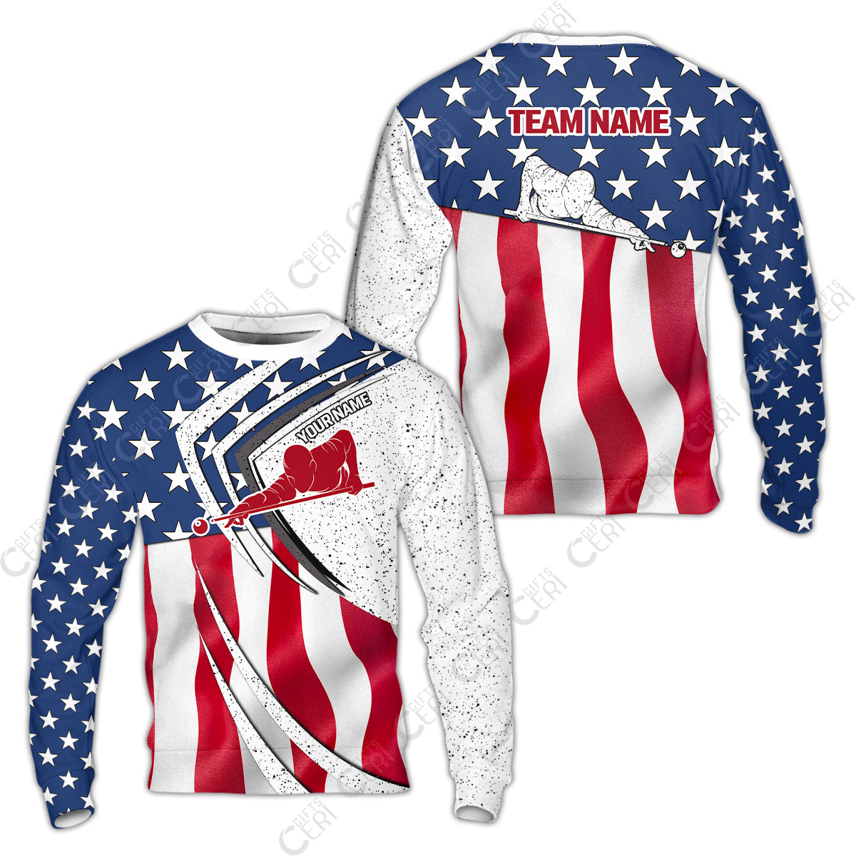 Customized Billiards Sweatshirt, Billiards Player Silhouette With American Flag, Billiards Jerseys