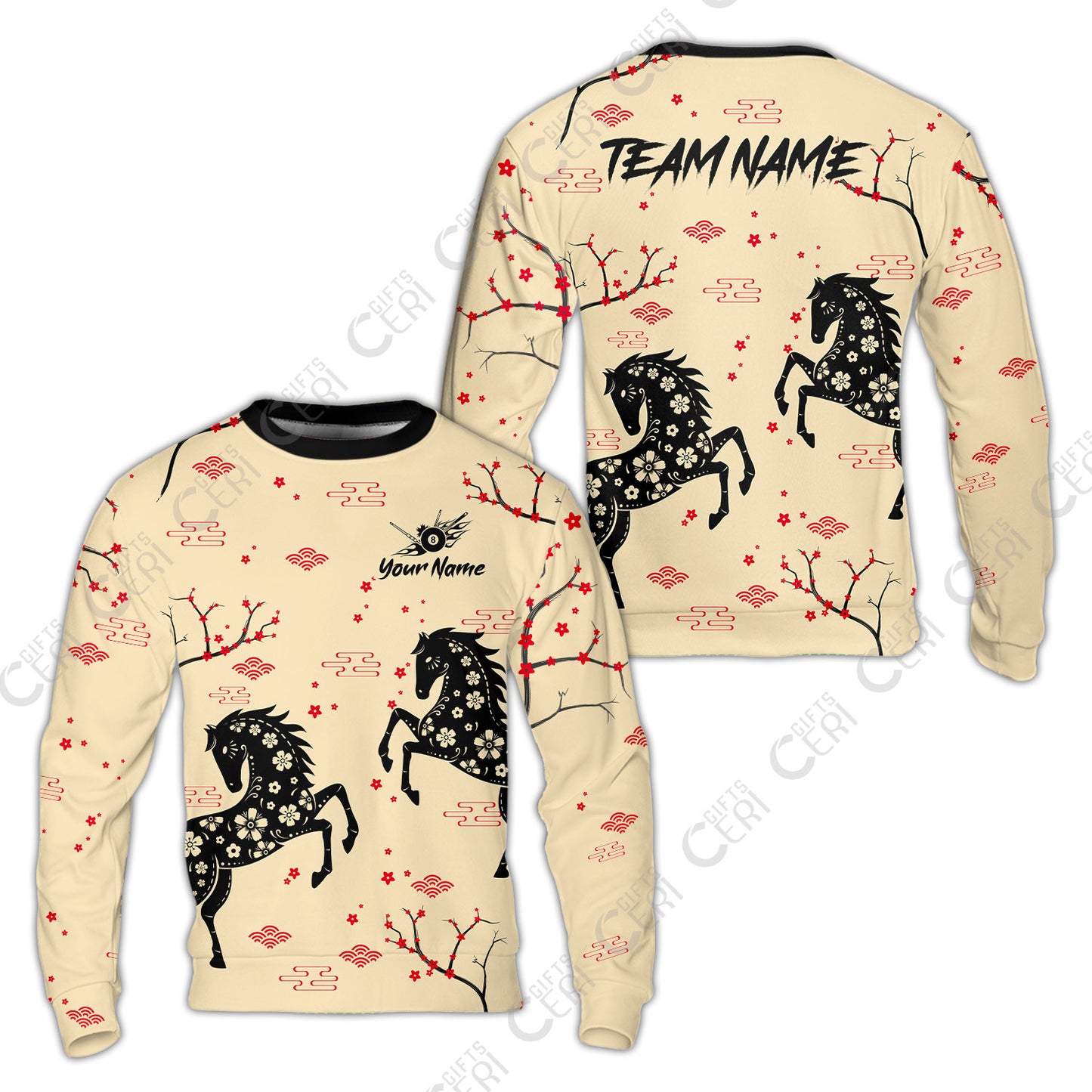 Customized 8 Ball Pool Sweatshirt, Floral Pattern Horse Cherry Blossom, Personalized Billiards Jersey