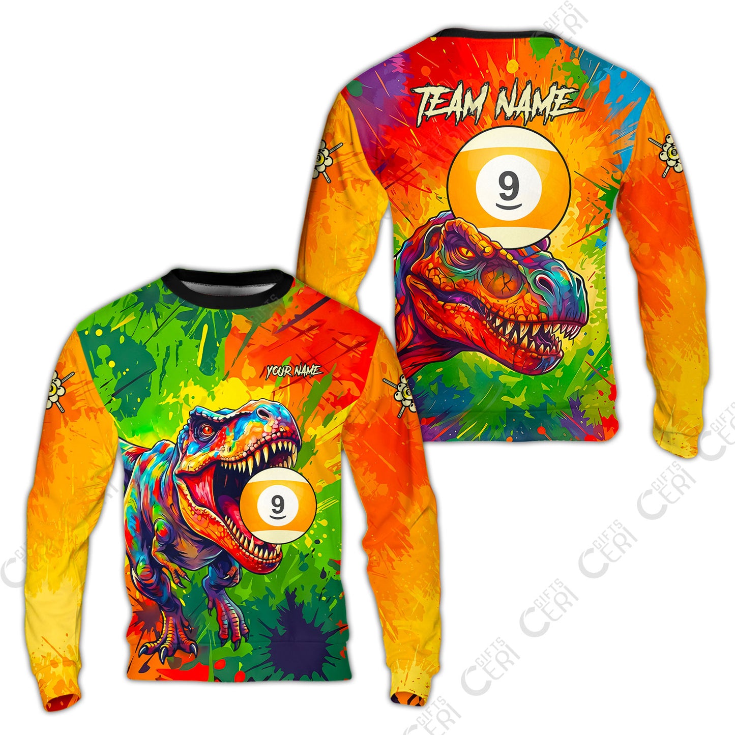 Customized 9 Ball Pool Sweatshirt, Dinosaur Colorful Splash Paint Billiard 9-Ball, Personalized Billiards Jersey