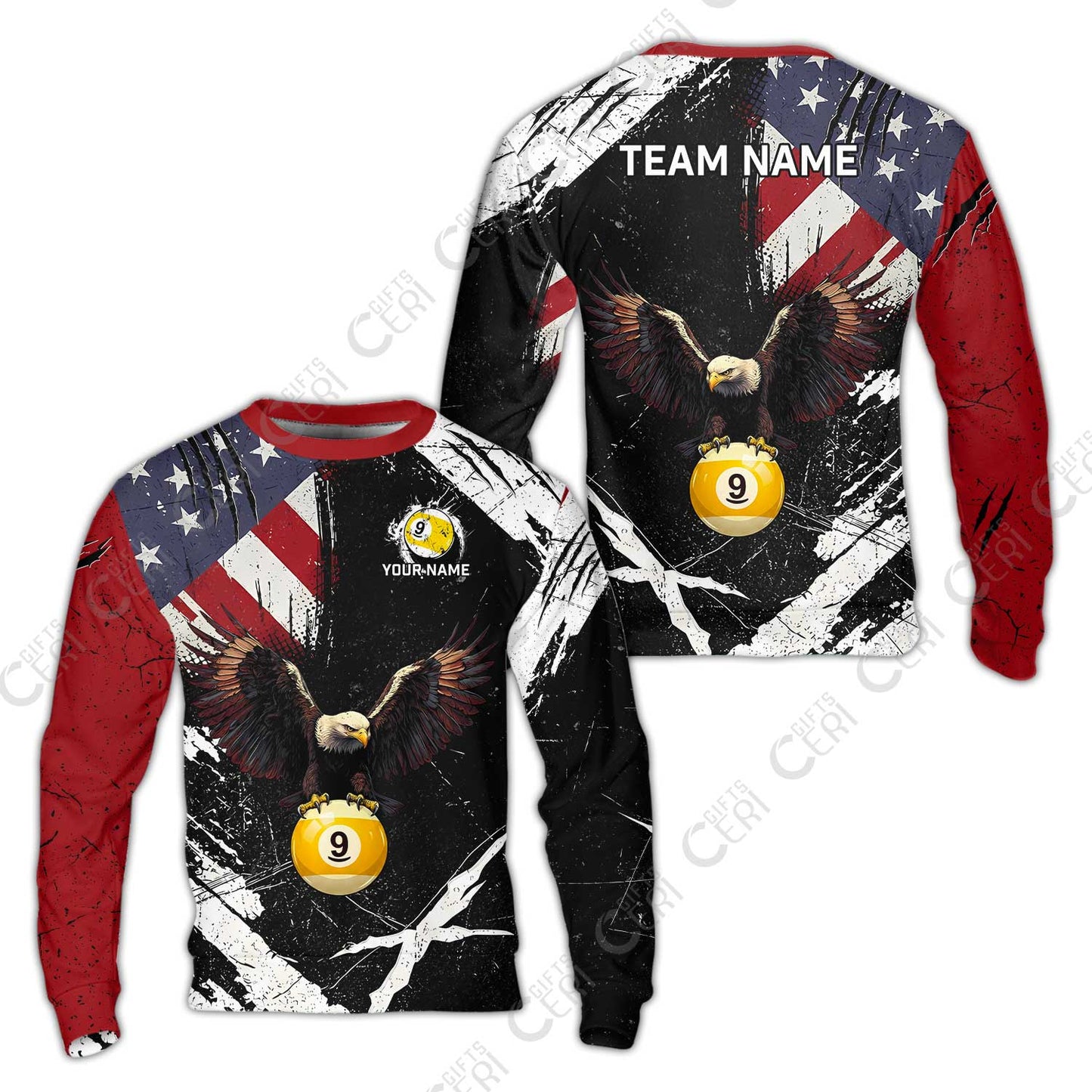 Customized 9 Ball Pool Sweatshirt, Eagle Billiard American Flag 9-ball, Personalized Billiards Jersey