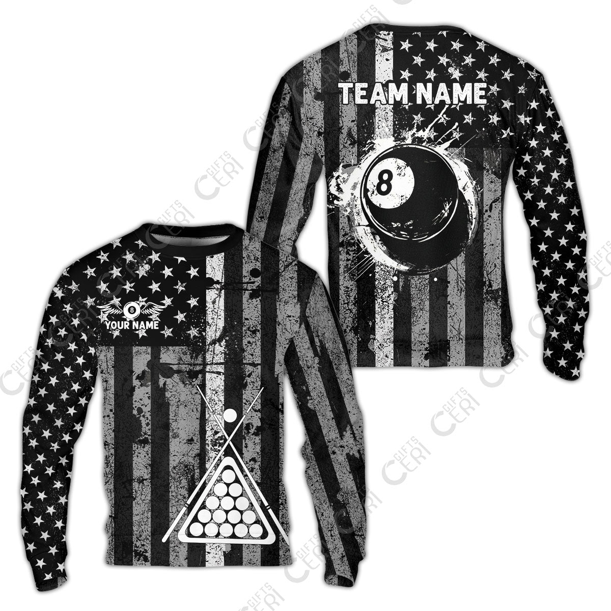 Customized 8 Ball Pool Sweatshirt, Distressed American Flag Pattern, Billiards Jerseys