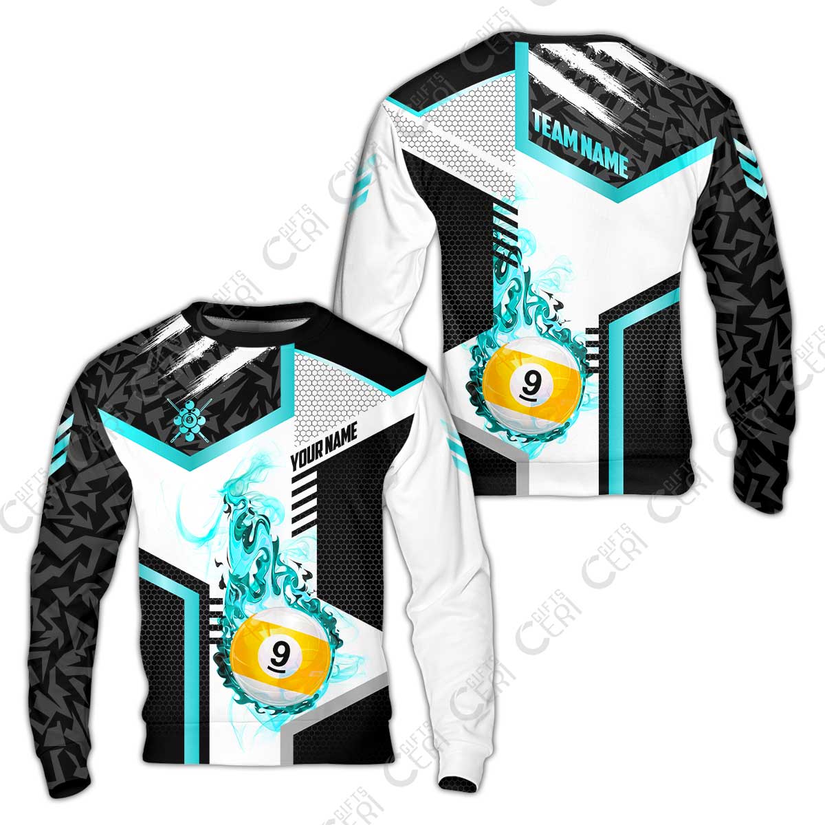 Customized 9 Ball Pool Sweatshirt, Flaming 9-Ball Graphic, Billiards Jersey
