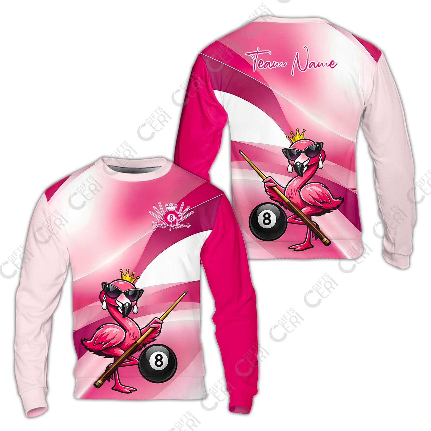 Customized 8 Ball Pool Sweatshirt, Pink Flamingo Billiards 8-Ball, Personalized Billiards Jersey