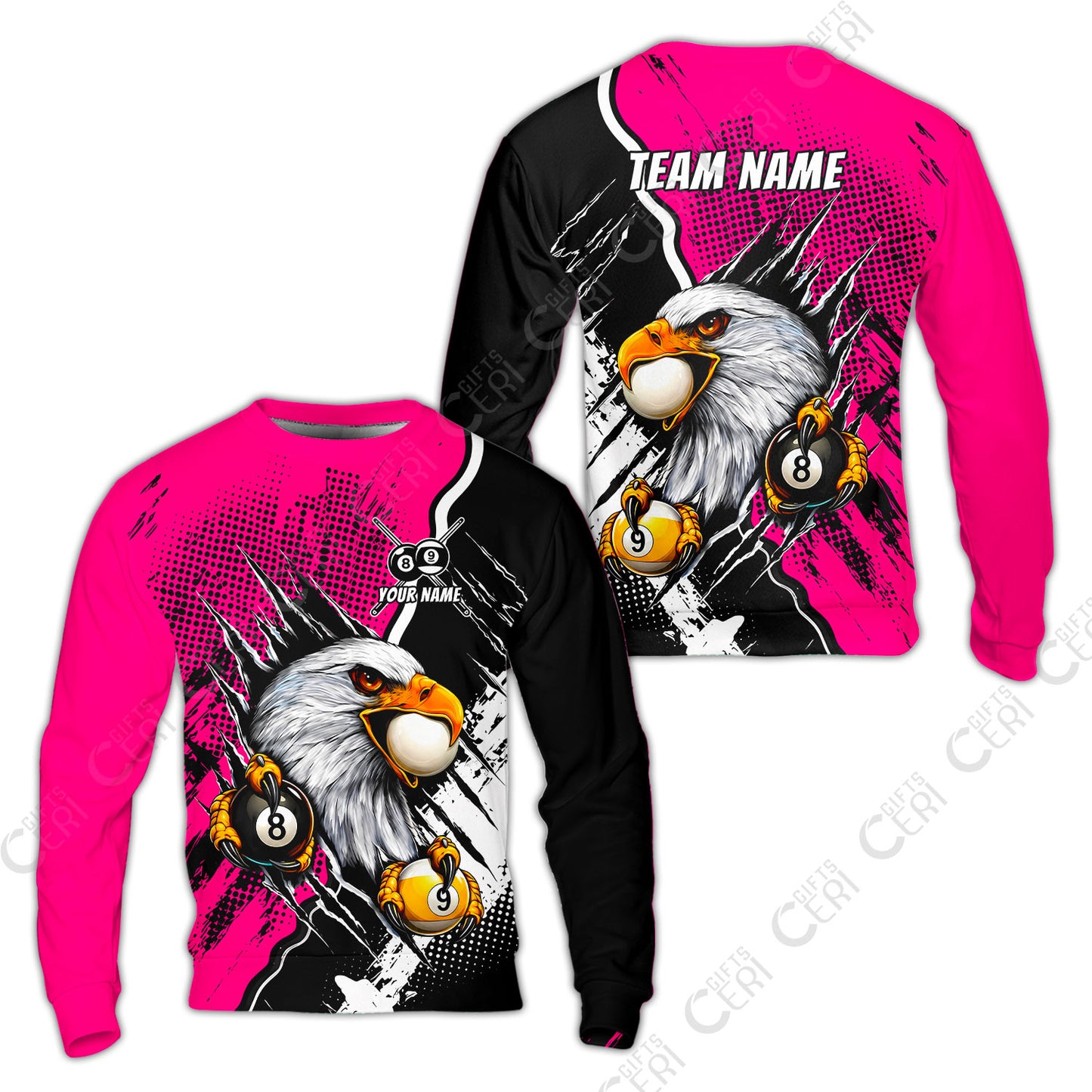 Customized Billiards Sweatshirt, 8 & 9 Ball Billiard Eagle Comic Dot Halftone Background Color, Billiards Jerseys