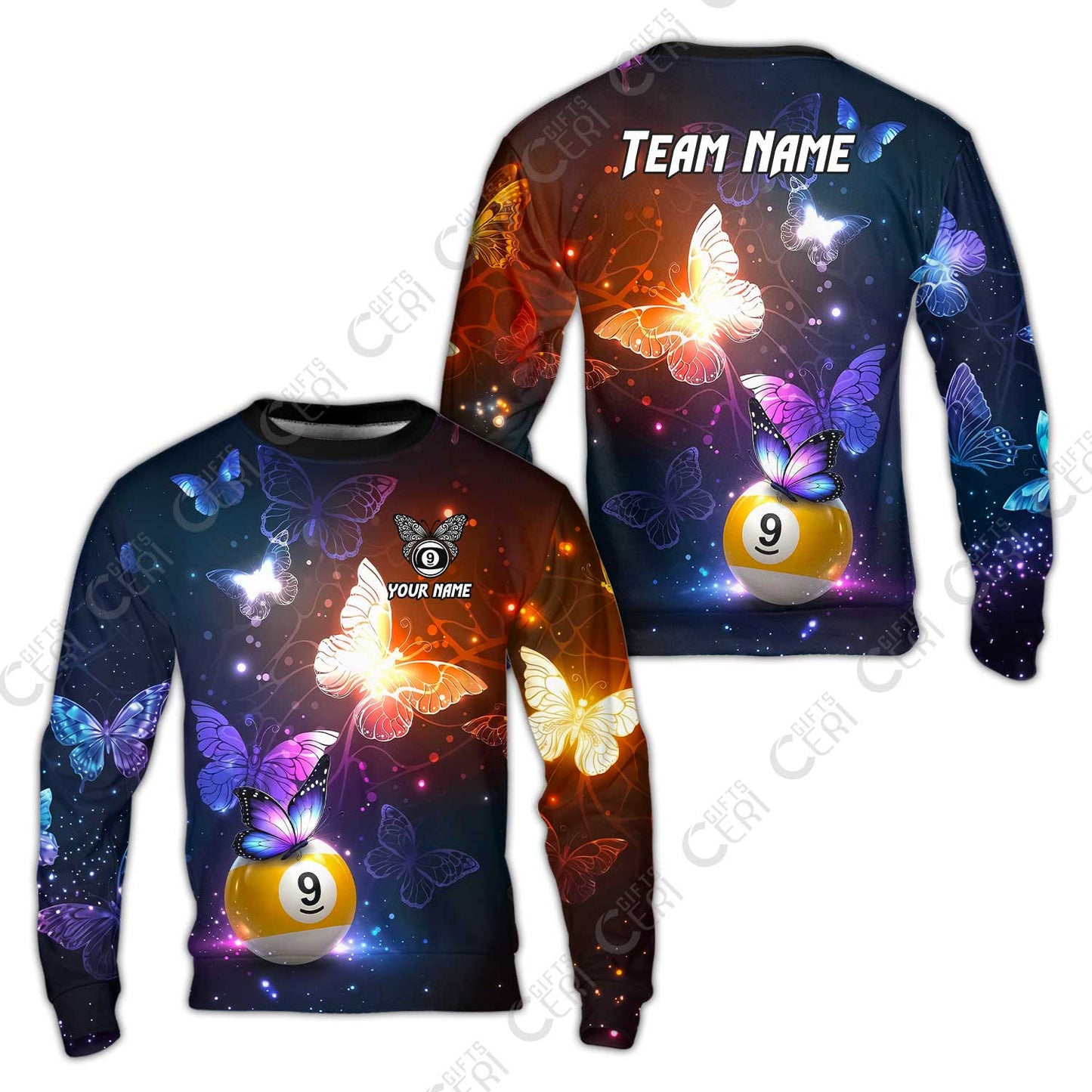 Customized 9 Ball Pool Sweatshirt, Brush Paint Billiard Butterfly Sparkle 9-Ball, Personalized Billiards Jersey