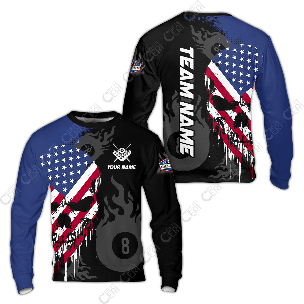 Customized 8 Ball Pool Sweatshirt, Billiards 8-Ball Flame And The Skull With American Flag, Billiards Jerseys