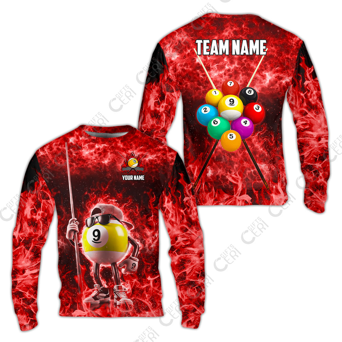 Customized 9 Ball Pool Sweatshirt, 9-Ball Wearing Cap And Sunglasses Flaming Burn, Billiard Jerseys