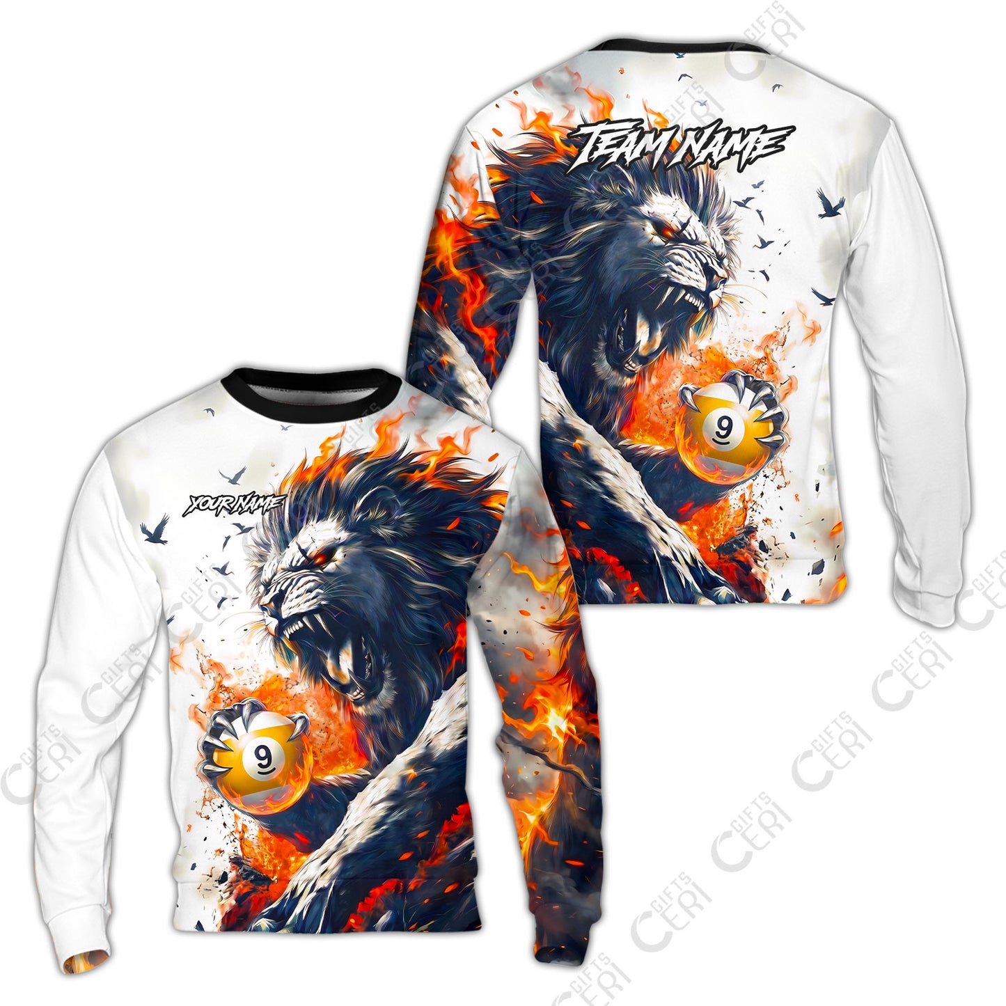 Customized 9 Ball Pool Sweatshirt, Lion Fire Lava 9-Ball, Personalized Billiards Jersey