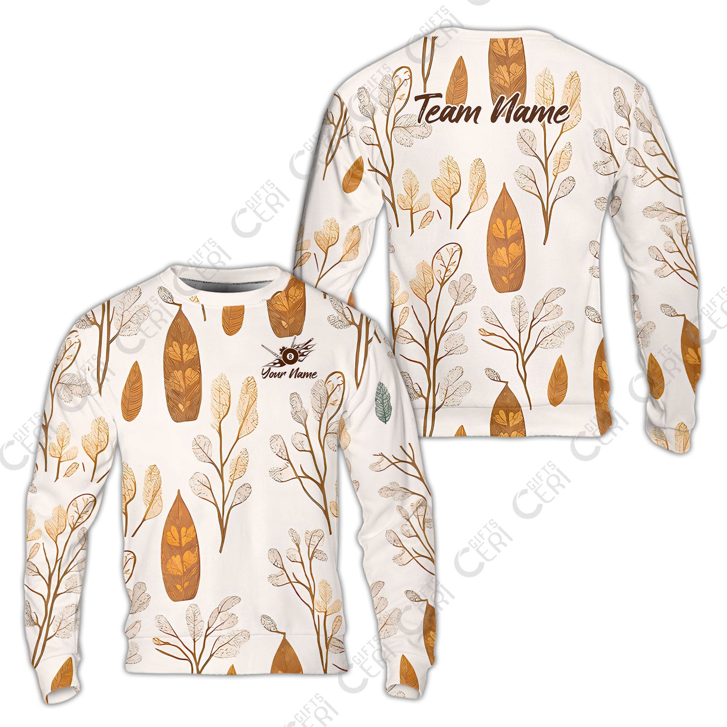 Customized 8 Ball Pool Sweatshirt, Leaves Pattern Billiard 8-Ball, Personalized Billiards Jersey