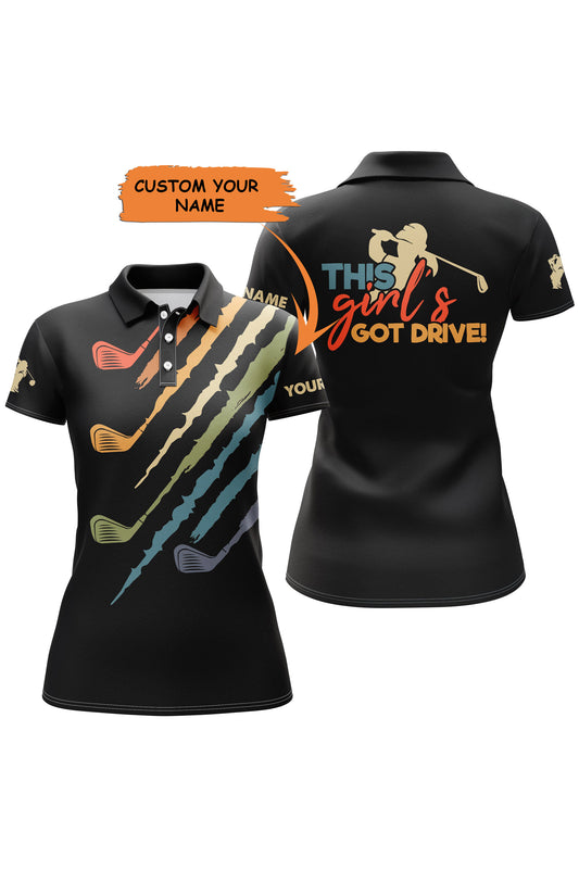This Girl's Got Drive Vintage Black Women's Golf Polo Shirts Custom Name Golfing Gift, Gift For Golfer