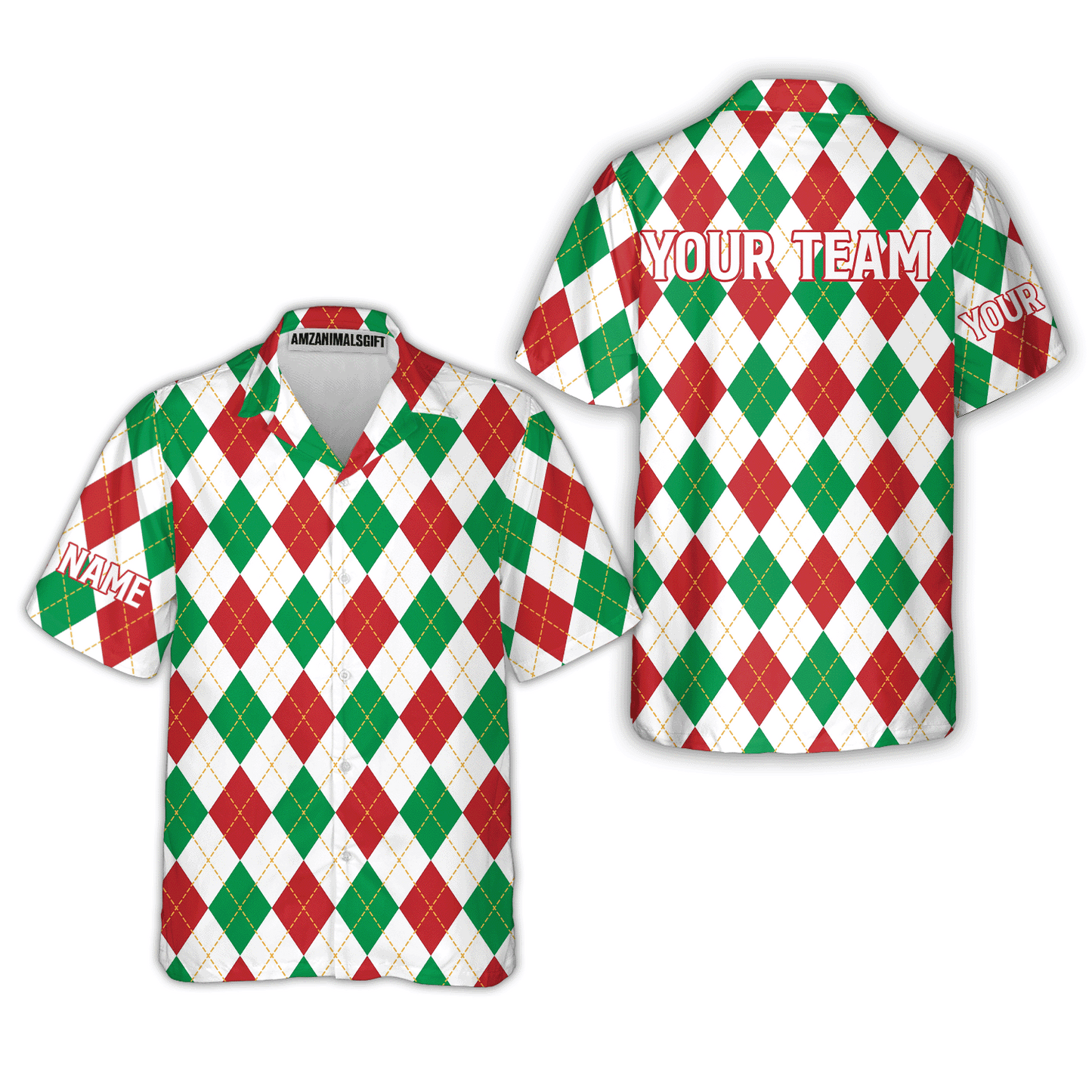 Christmas Plaid Argyle Pattern Golf Hawaiian Shirt - Custom Name Apparel - Personalized Gift For Golf Lover, Team