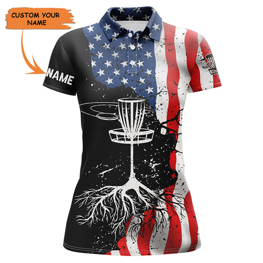 Vintage American Flag Patriotic Disc Golf Performance Women Polo Shirts Custom Disc Golf Shirt, Perfect Gift For Women