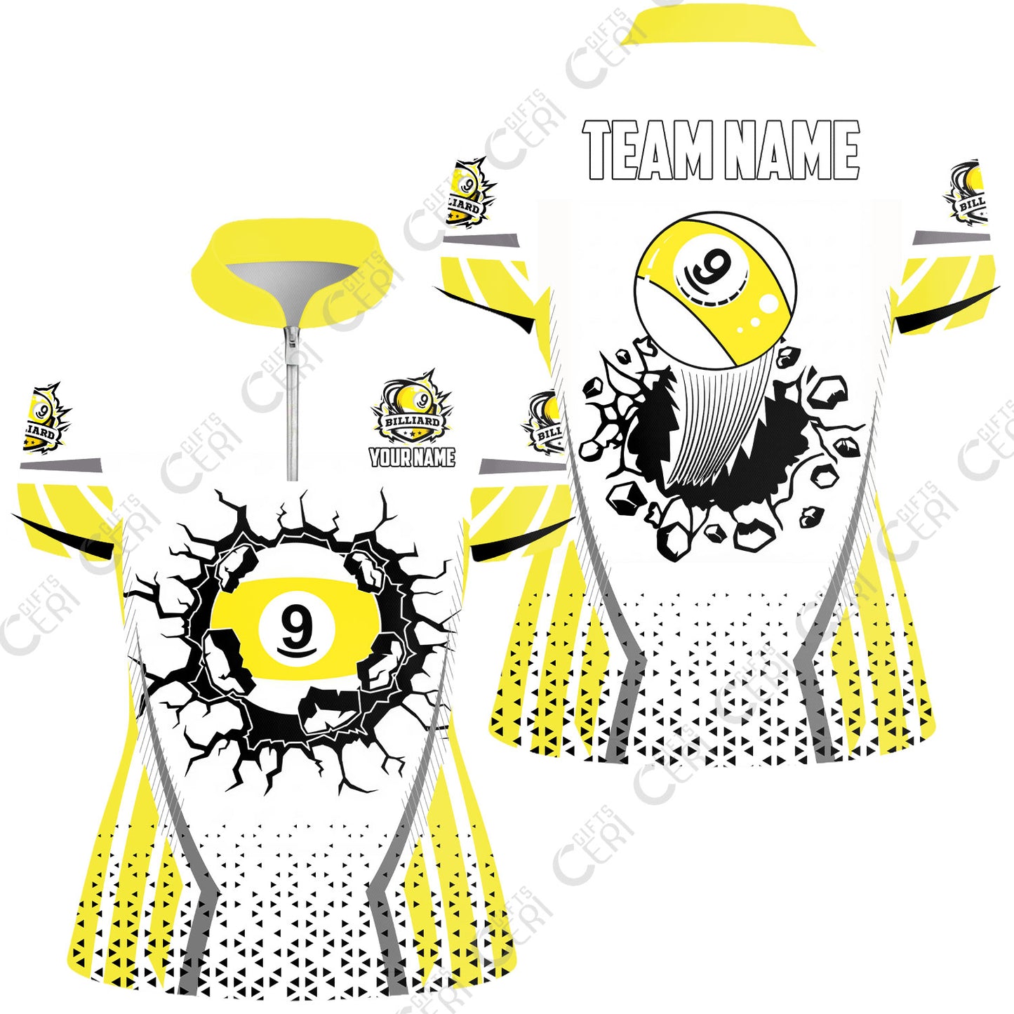 Customized 9 Ball Pool Stand Collar Quarter Zip Short Sleeve Women's Shirt, Billiard Triangle Pattern, 9-Ball Breaks The Wall, Billiard Jerseys