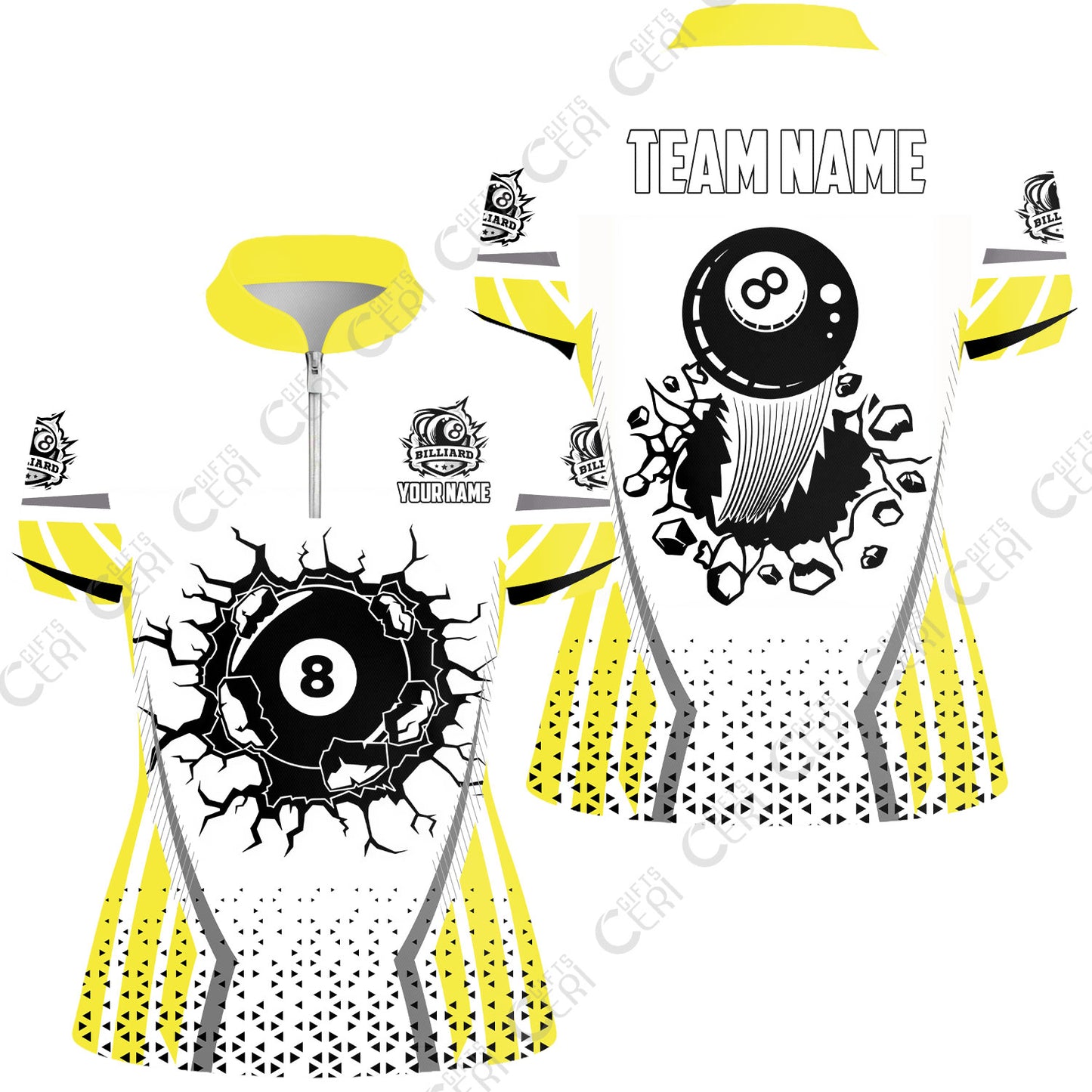 Customized 8 Ball Pool Stand Collar Quarter Zip Short Sleeve Women's Shirt, Billiard Triangle Pattern, 8-Ball Breaks The Wall, Billiard Jerseys