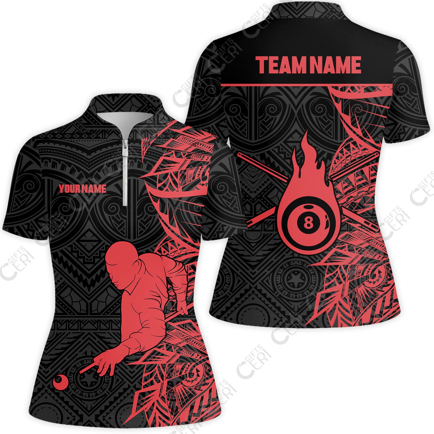 Customized 8 Ball Pool Stand Collar Quarter Zip Short Sleeve Women's Shirt, 8-Ball Billiards Tattoo Pattern, Billiards Jerseys