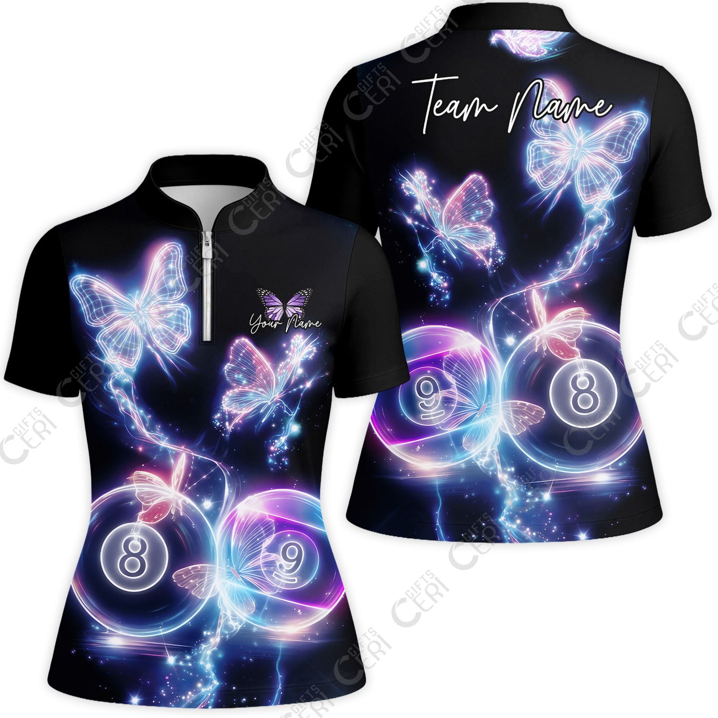 Customized Billiards Stand Collar Quarter-Zip Short Sleeve Women's Shirt, 8 & 9 Ball Neon Butterfly Galaxy Jersey, Billiards Jerseys