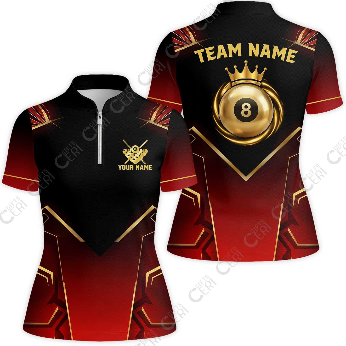 Customized 8 Ball Pool Stand Collar Quarter-Zip Short Sleeve Women's Shirt, Tech-Futuristic 3 Scale 8-Ball, Personalized Billiards Jersey