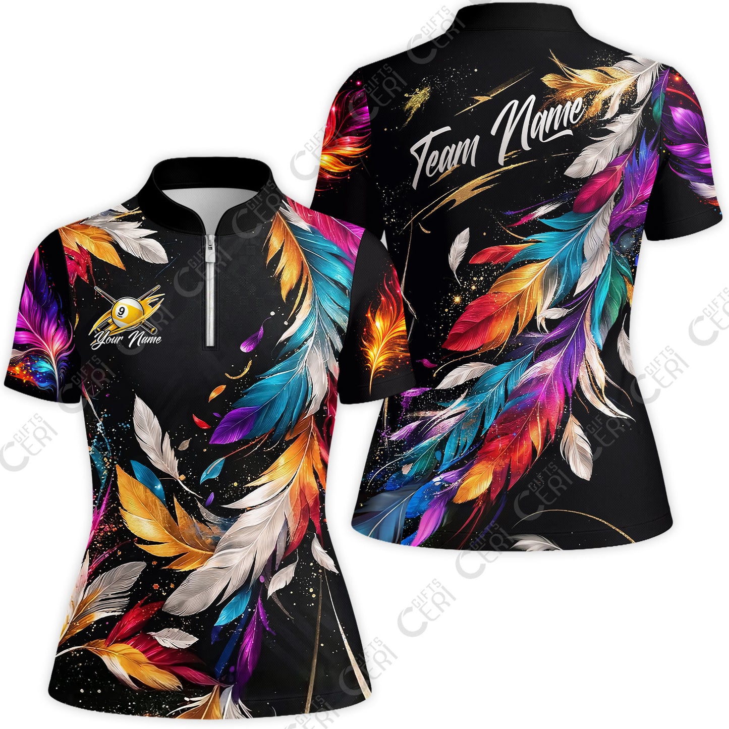 Customized 9 Ball Pool Stand Collar Quarter-Zip Short Sleeve Women's Shirt, Feather Splash Billiard 9-ball, Personalized Billiards Jersey