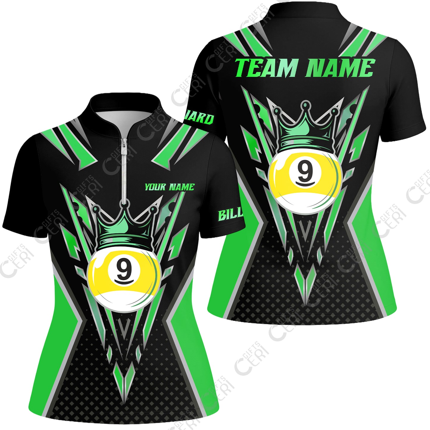 Customized 9 Ball Pool Stand Collar Quarter Zip Short Sleeve Women's Shirt, Billiard 9-Ball Crown, Billiard Jerseys