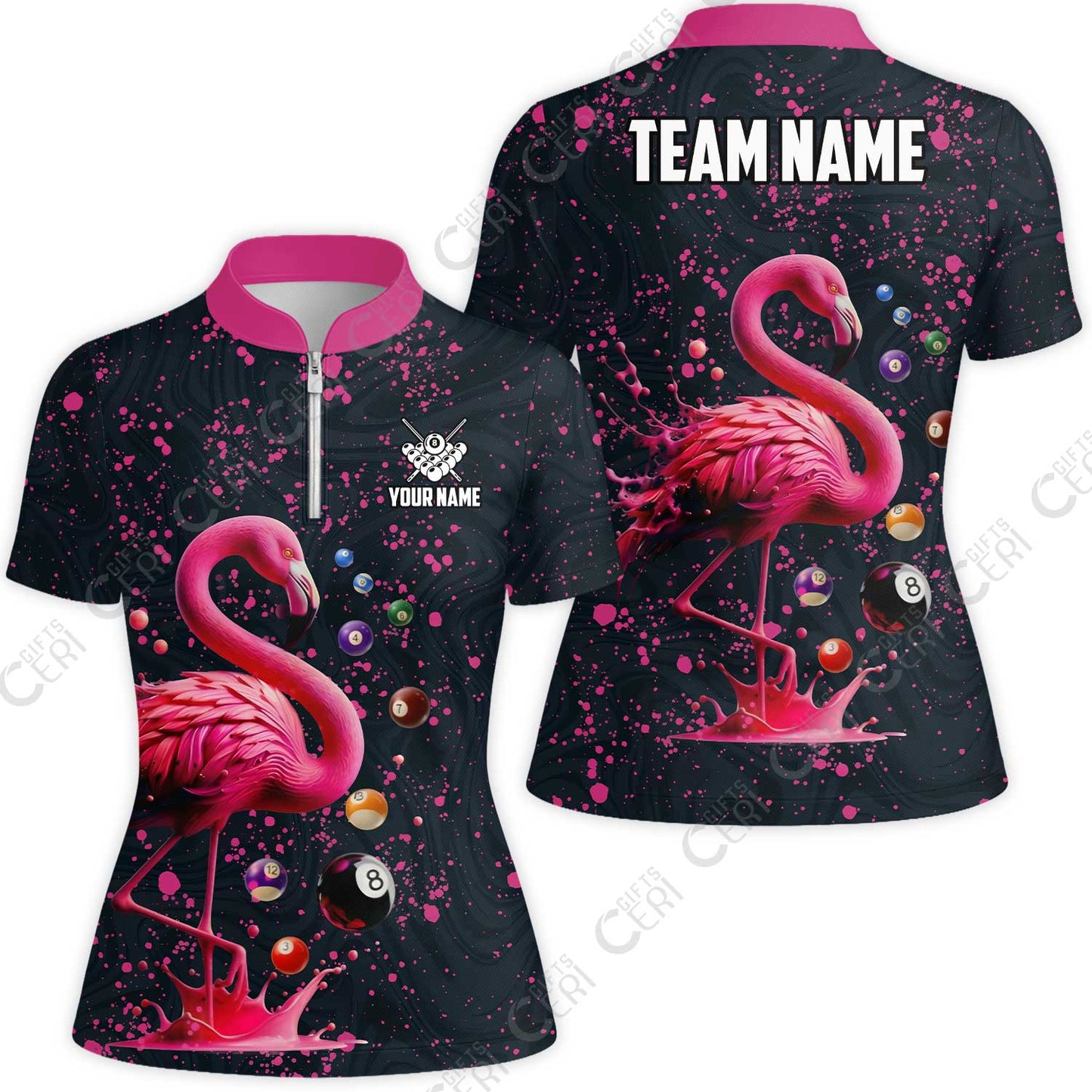 Customized 8 Ball Pool Stand Collar Quarter-Zip Short Sleeve Women's Shirt, Flamingo Pink Splat Billiard, Personalized Billiards Jersey