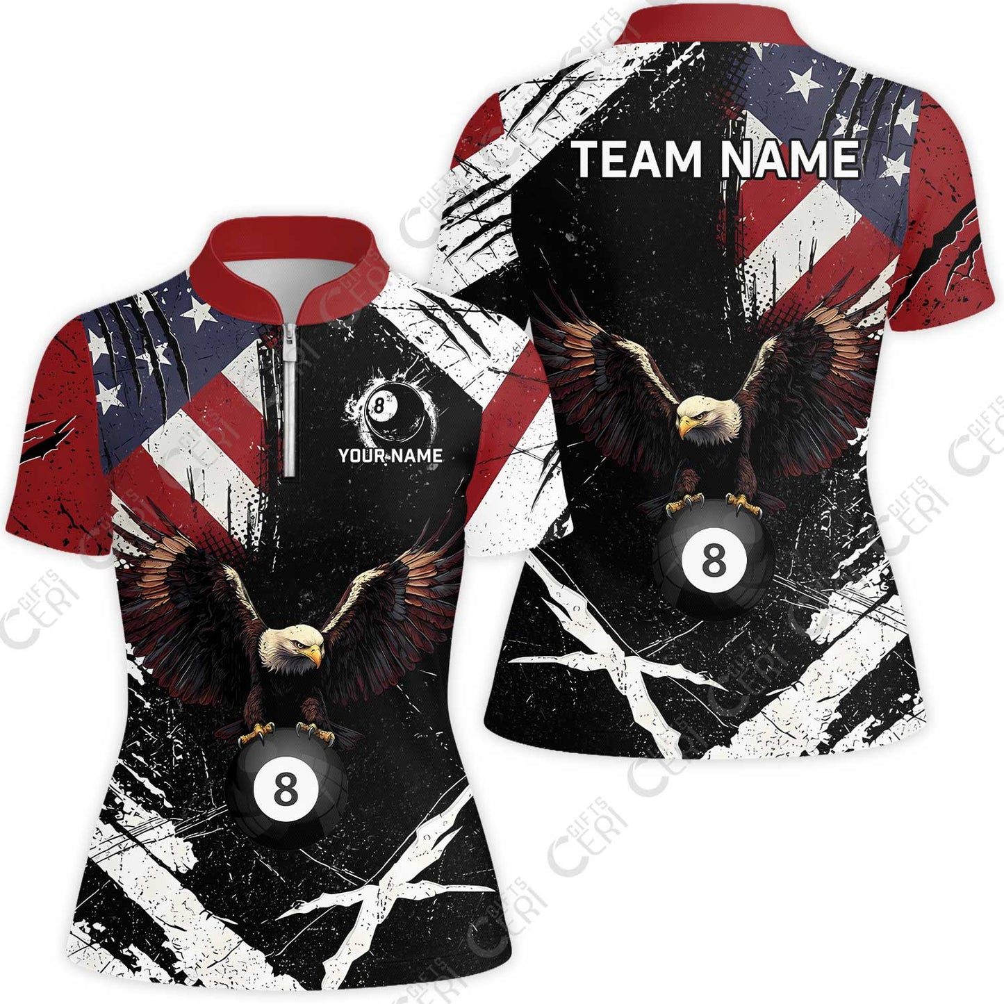Customized 8 Ball Pool Stand Collar Quarter-Zip Short Sleeve Women's Shirt, Eagle Billiard American Flag 8-ball, Personalized Billiards Jersey