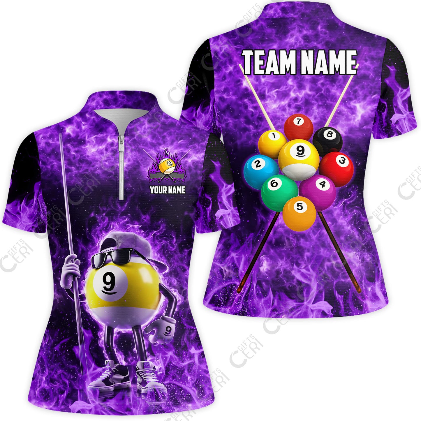Customized 9 Ball Pool Stand Collar Quarter Zip Short Sleeve Women's Shirt, 9-Ball Wearing Cap And Sunglasses Flaming Burn, Billiard Jerseys