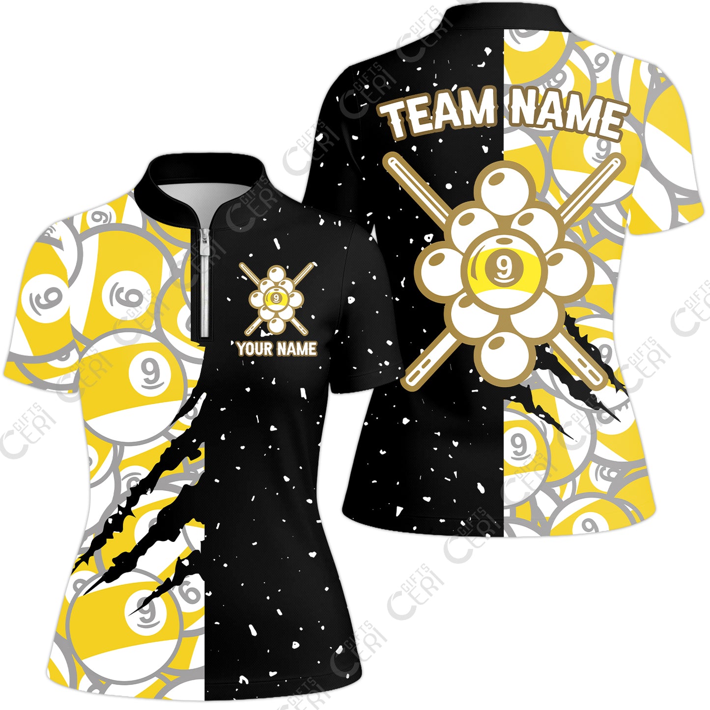 Customized Billiards Stand Collar Quarter Zip Short Sleeve Women's Shirt, Splatter And Claw-Mark Effects 9 Ball Jersey