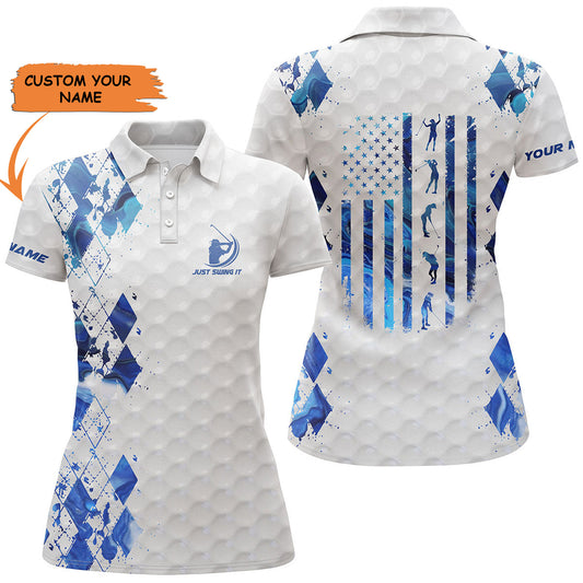 Women Golf Polo Shirt Just Swing It American Flag Patriotic Custom Name Blue White Women Golf Shirt, Perfect Gift For Women