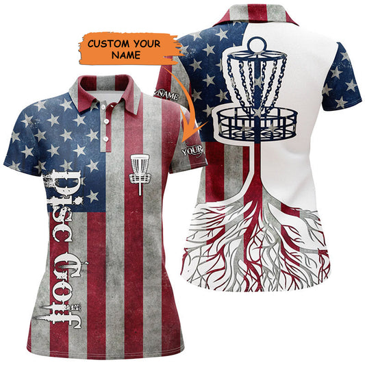 Womens Disc Golf Polo Shirt Custom American Flag Patriotic Disc Golf Basket, Patriotic Disc Golf Shirt, Perfect Gift For Women