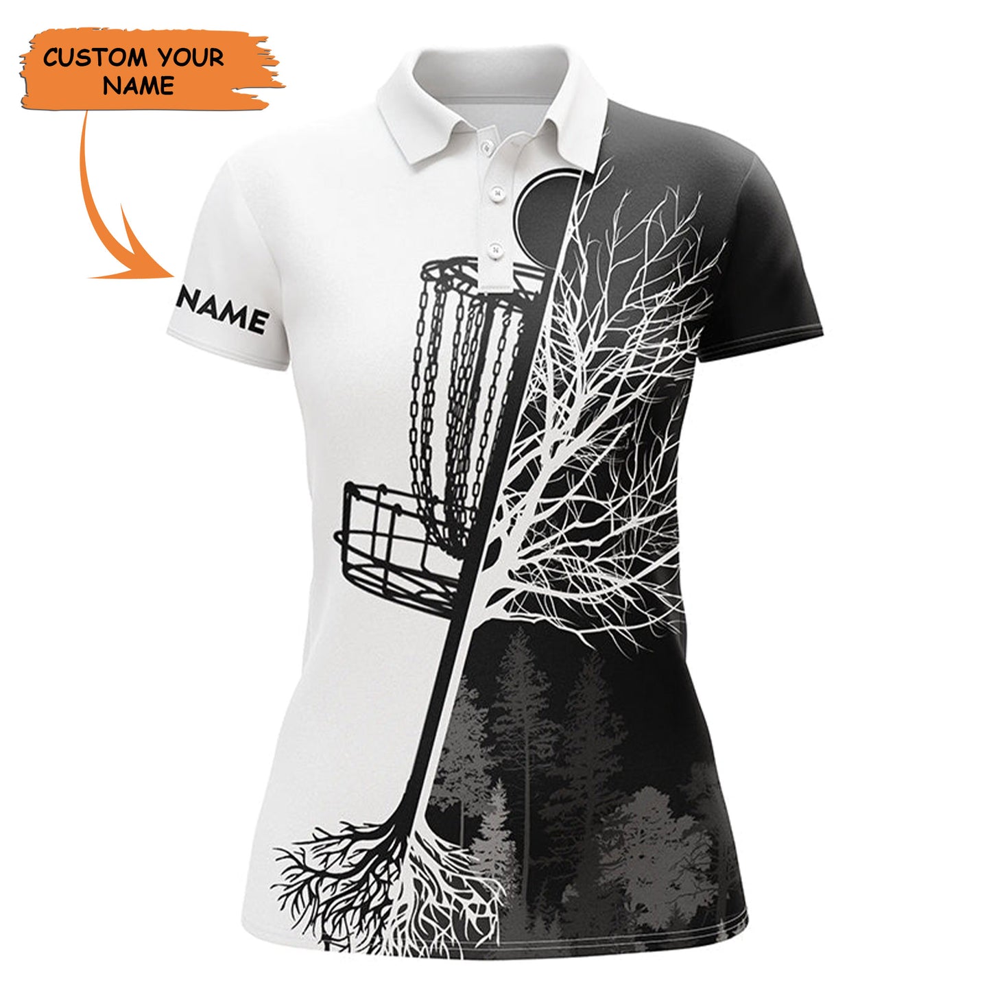 Womens Disc Golf Polo Shirt Custom Name Black & White Disc Golf Basket, Personalized Disc Golf Shirts, Perfect Gift For Women