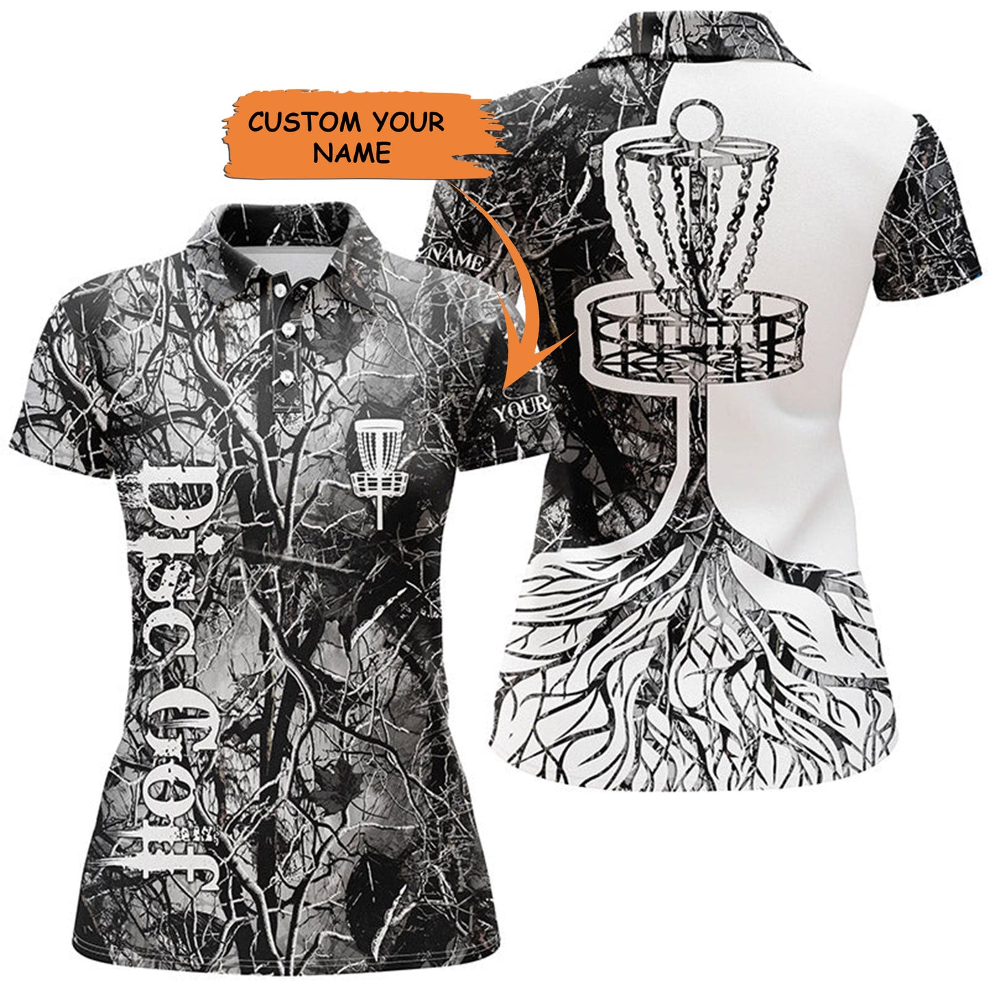 Womens Disc Golf Polo Shirt Custom Name Gray Camo Disc Golf Basket, Personalized Disc Golf Shirts , Perfect Gift For Women