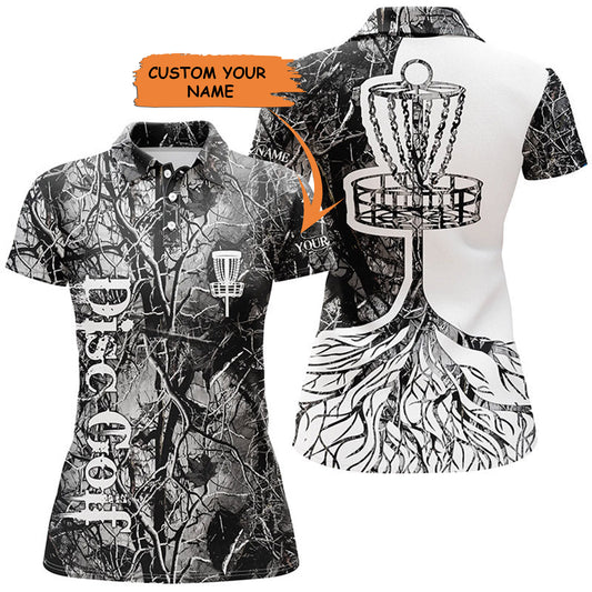 Womens Disc Golf Polo Shirt Custom Name Gray Camo Disc Golf Basket, Personalized Disc Golf Shirts , Perfect Gift For Women