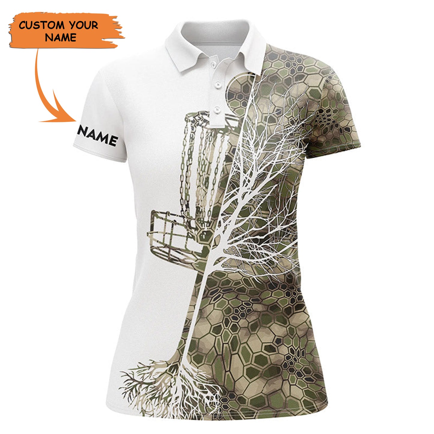 Womens Disc Golf Polo Shirt Custom Name Green Camo Disc Golf Basket, Personalized Disc Golf Shirts , Perfect Gift For Women