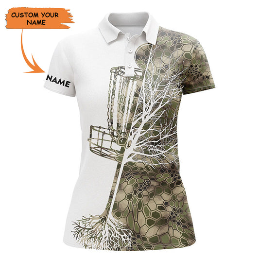 Womens Disc Golf Polo Shirt Custom Name Green Camo Disc Golf Basket, Personalized Disc Golf Shirts , Perfect Gift For Women