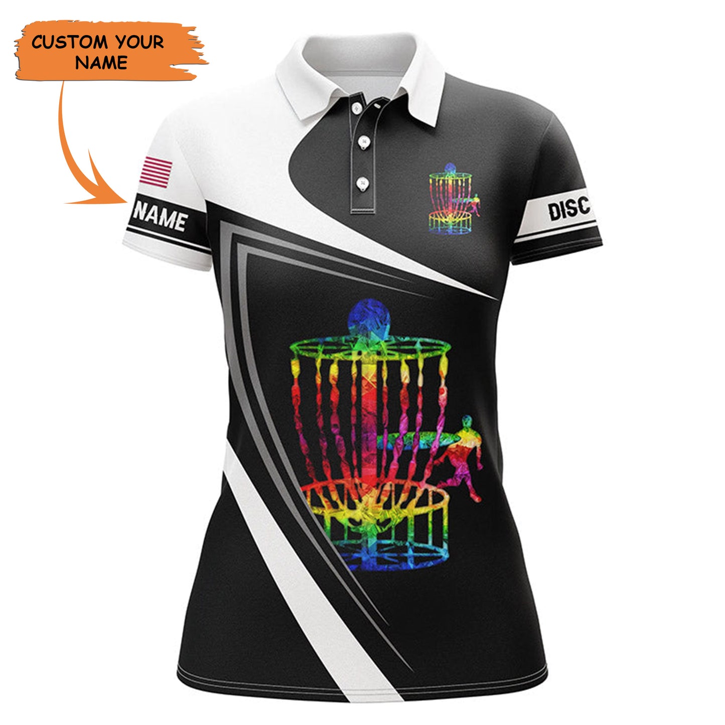 Womens Disc Golf Polo Shirt Custom Name Watercolor Disc Golf Basket, Black And White Disc Golf Shirts, Perfect Gift For Women