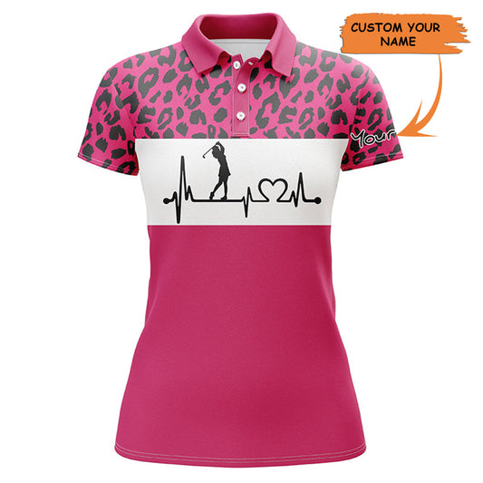 Womens Golf Polo Shirt Custom Name Pink Leopard Pattern Golf Heartbeat, Golfing Gifts For Women , Best Golfing Gift For Women