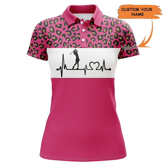 Womens Golf Polo Shirt Golf Heartbeat Custom Name Leopard Golf Shirt, Best Golfing  Gift For Women