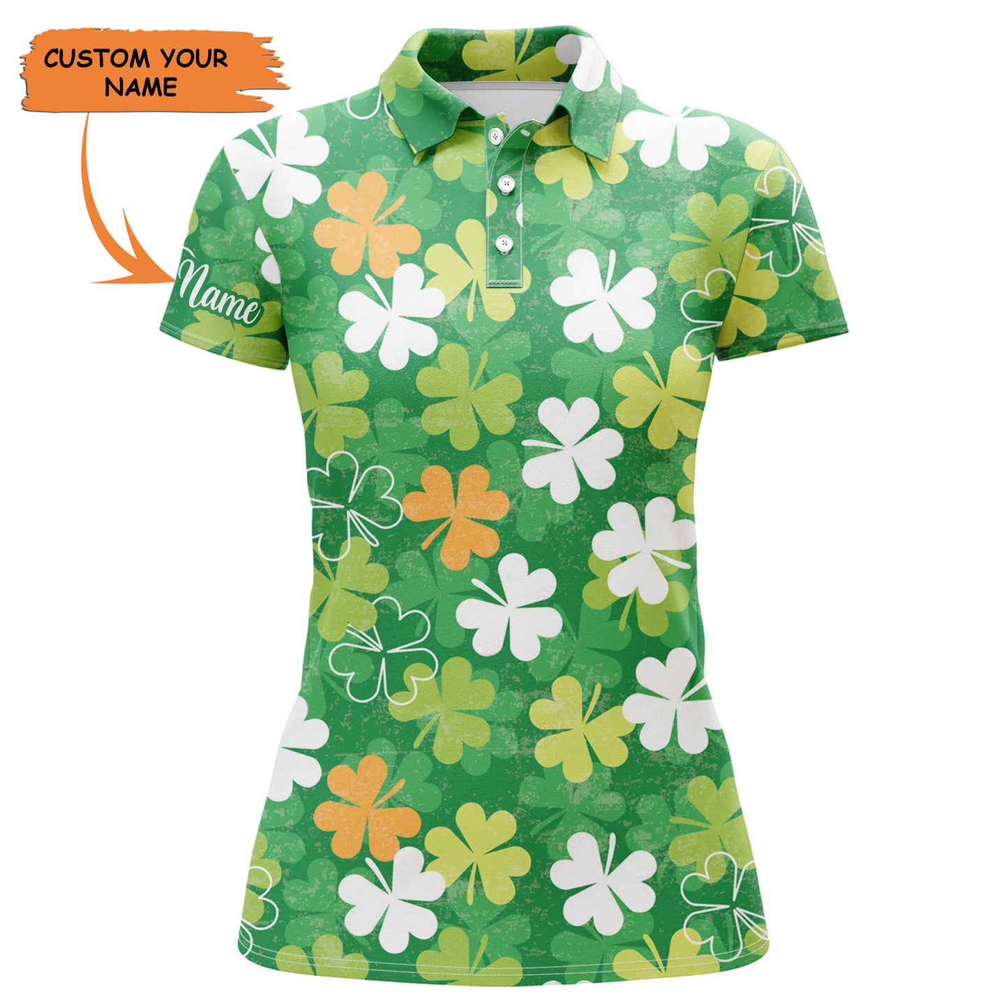 Womens Golf Polo Shirt Green Clover Pattern Custom Name St. Patrick's Day Pattern Ladies Golf Shirt, Perfect Gift For Women