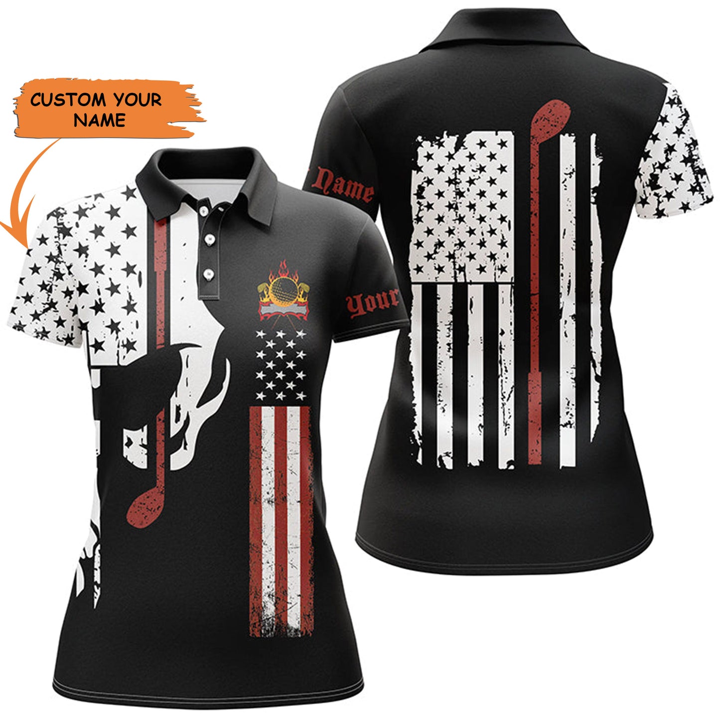 Womens Golf Polo Shirt Plus Size American Flag Shirt Golf Skull Club Custom Name Ladies Golf Tops, Best Gift For Women