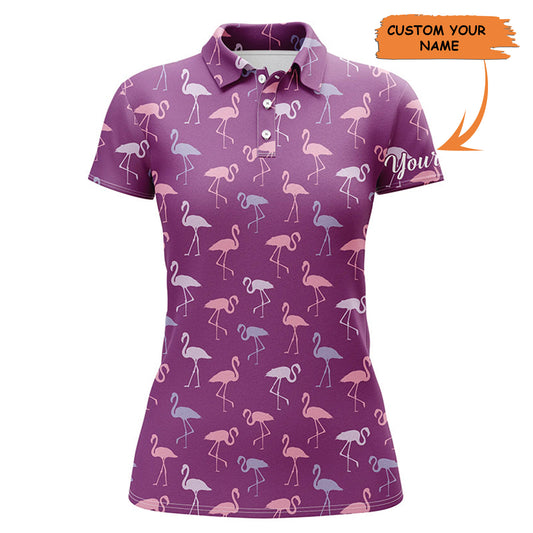 Womens Golf Polo Shirt Purple Flamingos Birds Pattern Tropical Custom Name Team Golf Polo Shirts, Best Gift For Women