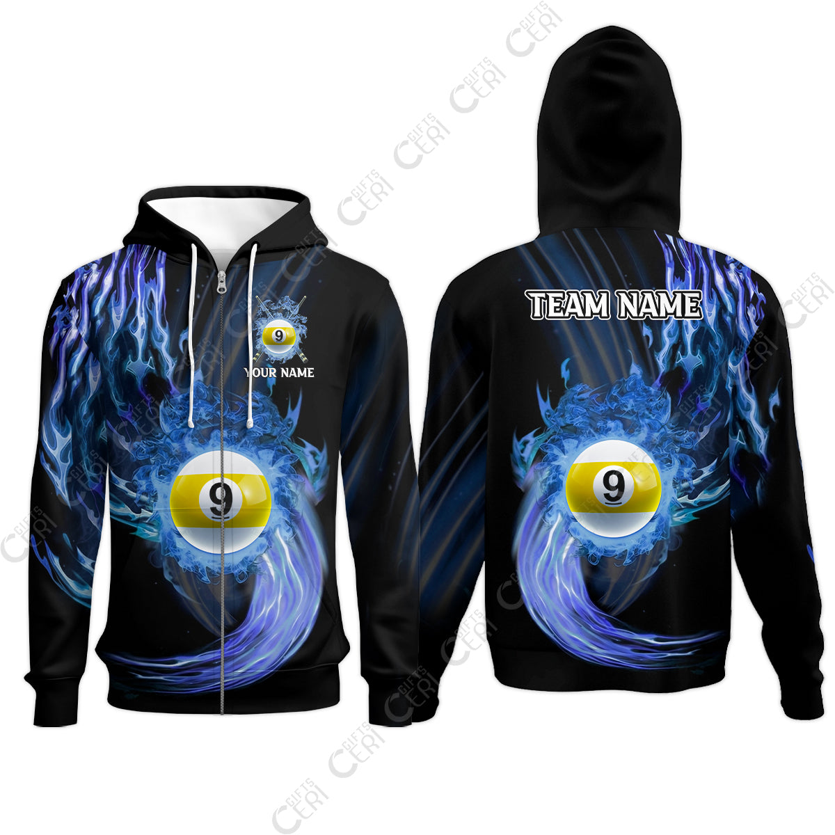 Customized 9 Ball Pool Zip Hoodies, 9-Ball Swirling Fire And Glowing Smoke, Billiards Jerseys