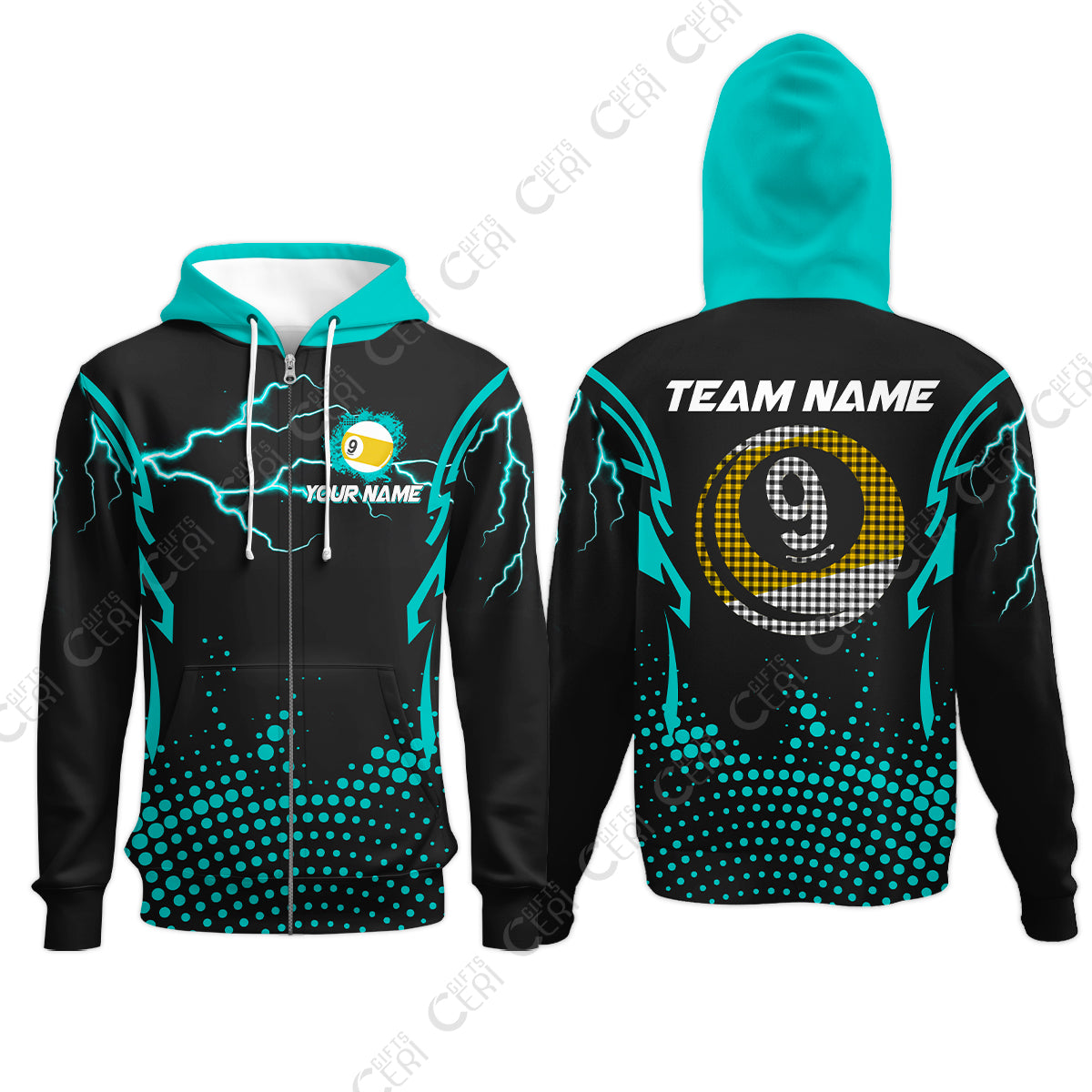 Customized Billiards Zip Hoodies, Lightning Graphics With Dots 9 Ball Pool Jersey