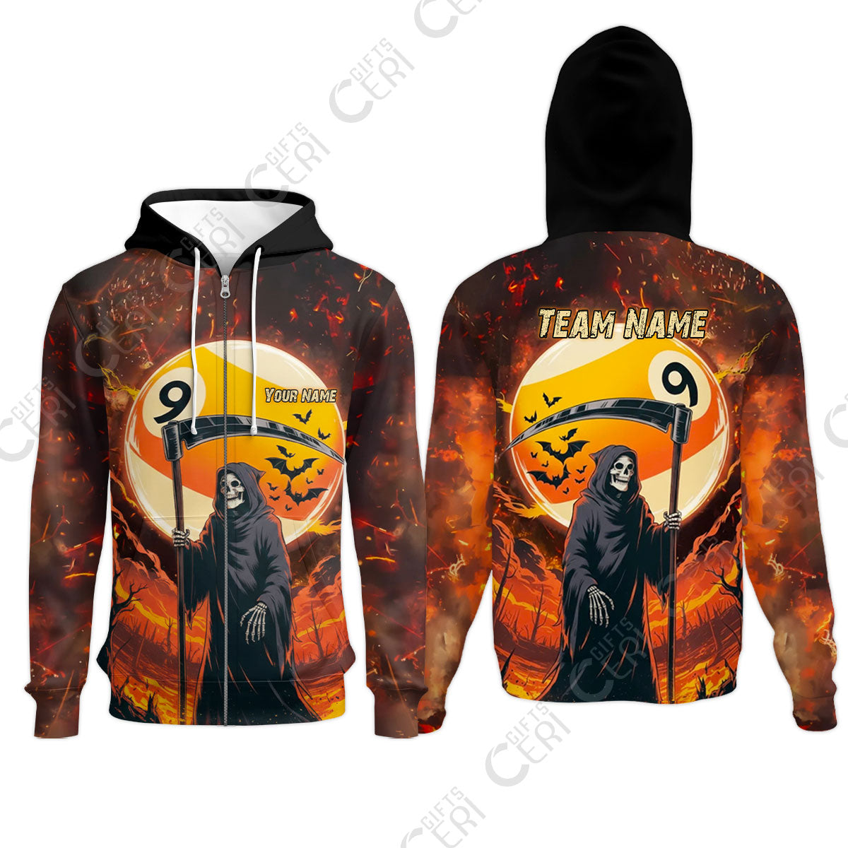 Customized Billiards Zip Hoodies, Personalized Halloween Grim Reaper Death Shot 9 Ball Jersey Gift For Billiard Players