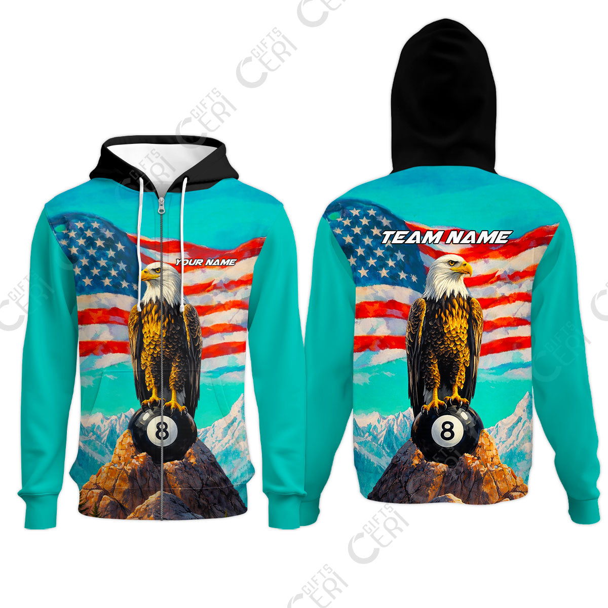 Customized Billiards Zip Hoodies, Personalized American Flag With Eagle 8 Ball Jersey Gift For Billiard Players