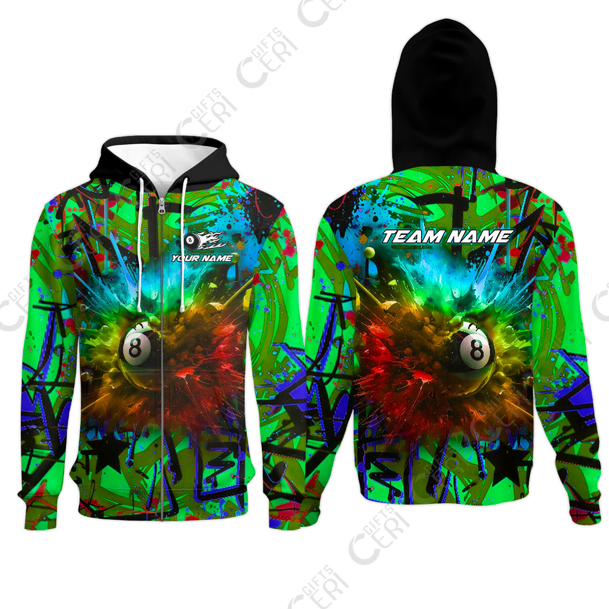 Customized Billiards Zip Hoodies, Personalized Neon Chaos 8 Ball Jersey Gift For Billiard Players