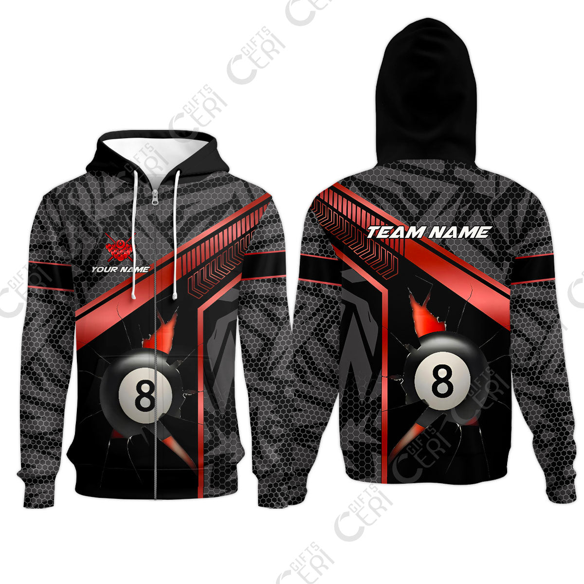 Customized Billiards Zip Hoodies, Personalized Hexagonal Patterns With A Cracked Glass 8 Ball Jersey