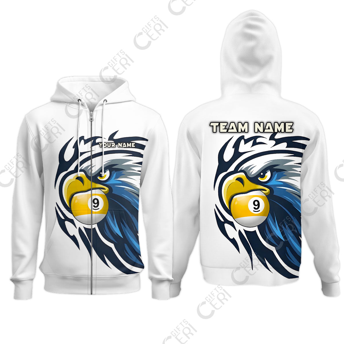 Customized 9 Ball Pool Zip Hoodies, Eagle Eye 9-Ball, Personalized Billiards Jersey