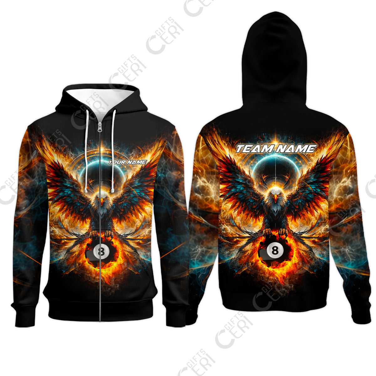 Customized 8 Ball Pool Zip Hoodies, Billiard Phantom 8-Ball Flame Eagle, Billiards Jerseys