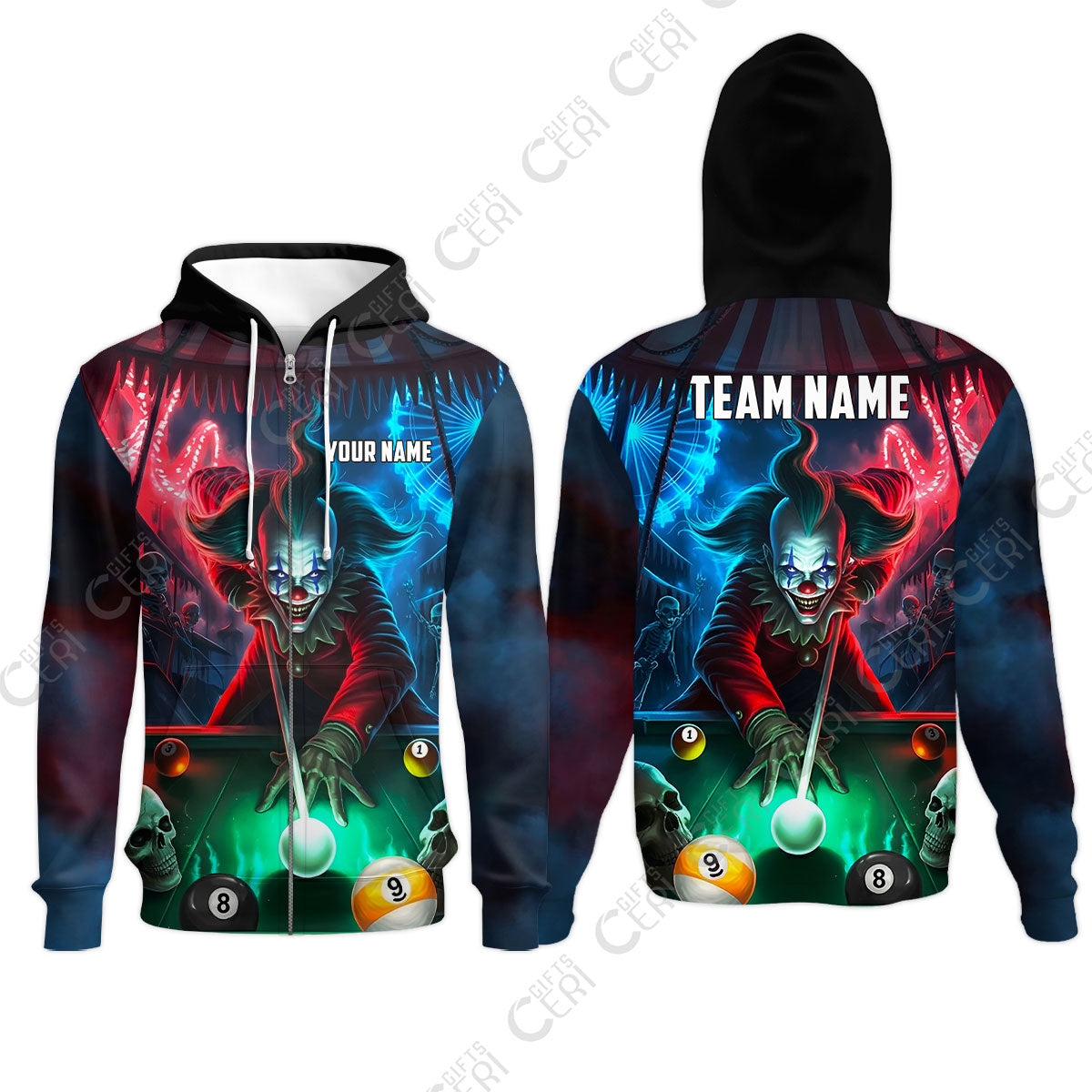 Customized Billiards Zip Hoodies, 8 & 9 Ball Pool Nightmare Billiards Clown Jersey, Billiards Jerseys
